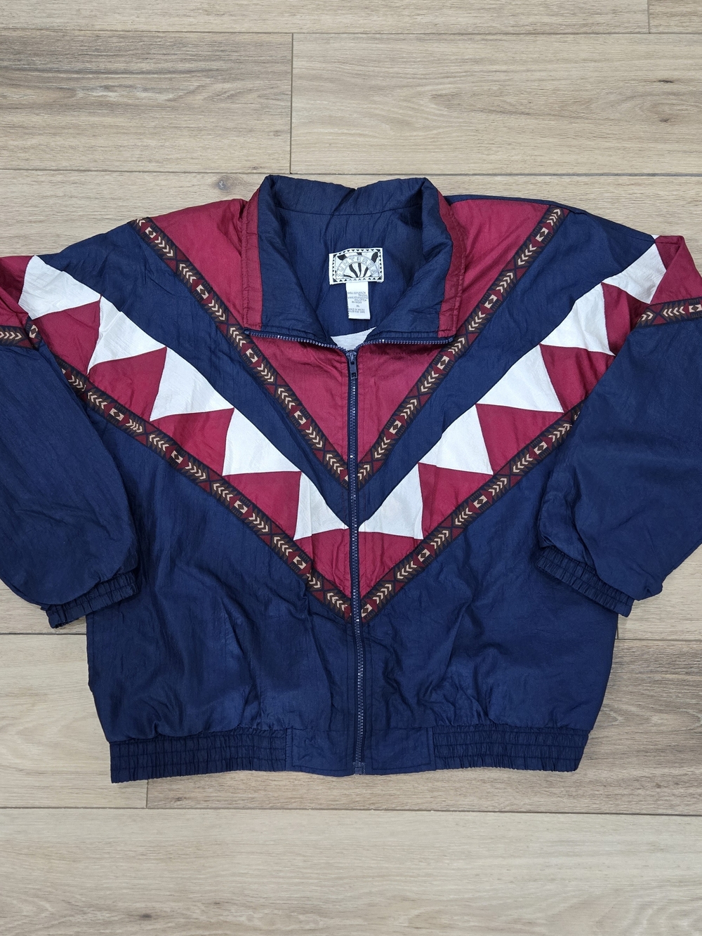 VTG Mens Sunterra Navy & Burgundy Aztec Western Print Windbreaker Jacket SZ XL
